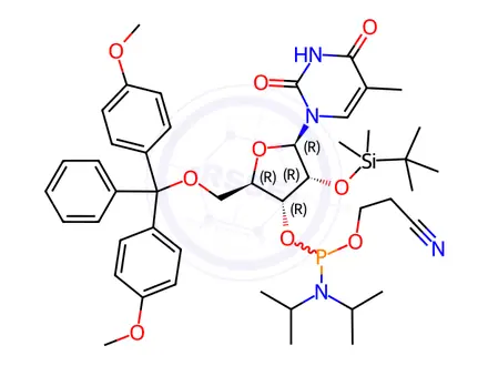 Chemical structure of Uridine, 5'-O-[bis(4-methoxyphenyl)phenylmethyl]-2'-O-[(1,1-dimethylethyl)dimethylsilyl]-5-methyl-, 3'-[2-cyanoethyl N,N-bis(1-methylethyl)phosphoramidite]