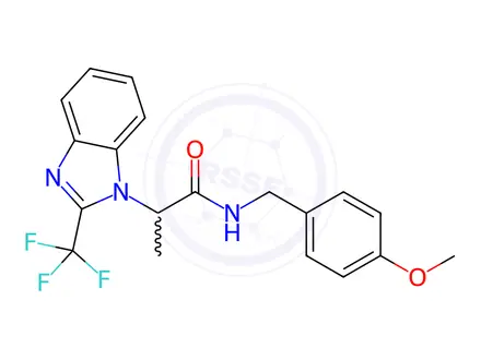 Chemical structure of N-(4-methoxybenzyl)-2-(2-(trifluoromethyl)-1H-benzo[d]imidazol-1-yl)propanamide