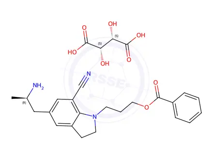 Chemical structure of (R)-3-(5-(2-aminopropyl)-7-cyanoindolin-1-yl)propyl benzoate (2S,3S)-2,3-dihydroxysuccinate
