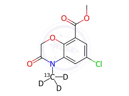 Chemical structure of 6-Chloro-3,4-dihydro-4-methyl-3-oxo-2H-1,4-benzoxazine-8-carboxylic Acid-13C,d3 Methyl Ester