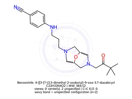 Chemical structure of Benzonitrile, 4-[[3-[7-(3,3-dimethyl-2-oxobutyl)-9-oxa-3,7-diazabicyclo[3.3.1]non-3-yl]propyl]amino]-