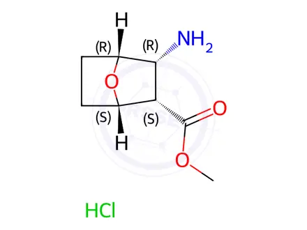 Chemical structure of 7-Oxabicyclo[2.2.1]heptane-2-carboxylic acid, 3-amino-, methyl ester, hydrochloride (1:1), (1R,2R,3S,4S)-rel-