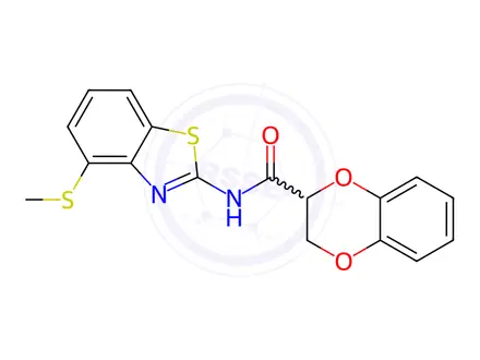 Chemical structure of N-(4-(Methylthio)benzo[d]thiazol-2-yl)-2,3-dihydrobenzo[b][1,4]dioxine-2-carboxamide