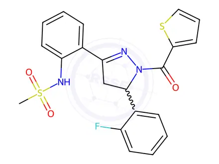 Chemical structure of N-(2-(5-(2-Fluorophenyl)-1-(thiophene-2-carbonyl)-4,5-dihydro-1H-pyrazol-3-yl)phenyl)methanesulfonamide