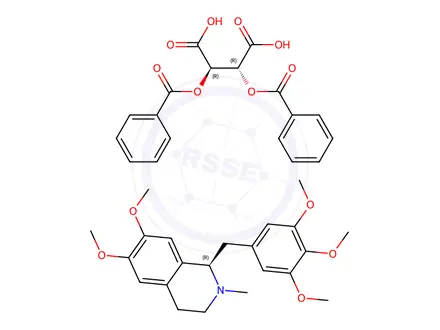 Chemical structure of (R)-N-methyl-6,7-dimethoxy-1-(3,4,5-trimethoxybenzyl)-1,2,3,4-tetrahydroisoquinolinium 2,3-dibenzoyl-L-tartarate