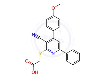 Chemical structure of 2-((3-Cyano-4-(4-methoxyphenyl)-6-phenylpyridin-2-yl)thio)acetic acid