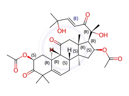 Chemical structure of (10α,23E)-2β,16α-Bis(acetyloxy)-20,25-dihydroxy-9β-methyl-19-norlanosta-5,23-diene-3,11,22-trione