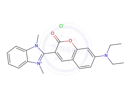 Chemical structure of 1H-Benzimidazolium, 2-[7-(diethylamino)-2-oxo-2H-1-benzopyran-3-yl]-1,3-dimethyl-, chloride