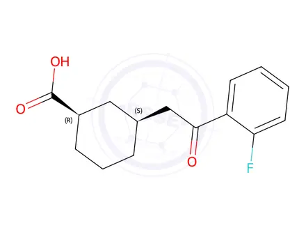Chemical structure of (1R,3S)-3-(2-(2-fluorophenyl)-2-oxoethyl)cyclohexane-1-carboxylic acid