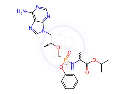Chemical structure of D-Alanine N-[(R)-[[(1R)-2-(6-Amino-9Hpurin-9-yl)-1-methylethoxy]methyl]phenoxyphosphinyl]-1-methylethyl Ester