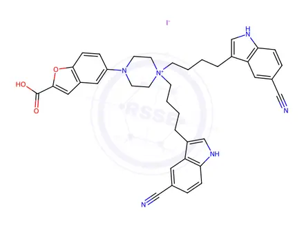 Chemical structure of 4-(2-carboxybenzofuran-5-yl)-1,1-bis(4-(5-cyano-1H-indol-3-yl)butyl)piperazin-1-ium iodide