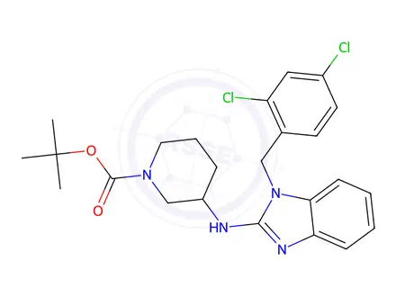 Chemical structure of tert-Butyl 3-((1-(2,4-dichlorobenzyl)-1H-benzo[d]imidazol-2-yl)amino)piperidine-1-carboxylate