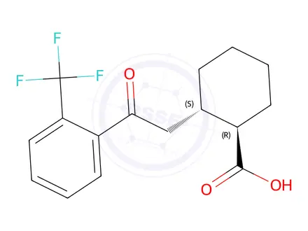 Chemical structure of (1R,2S)-2-(2-oxo-2-(2-(trifluoromethyl)phenyl)ethyl)cyclohexane-1-carboxylic acid