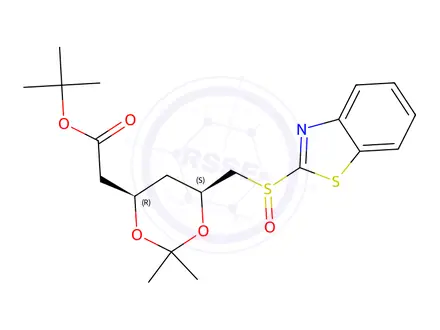 Chemical structure of tert-butyl 2-((4R,6S)-6-((benzo[d]thiazol-2-ylsulfinyl)methyl)-2,2-dimethyl-1,3-dioxan-4-yl)acetate