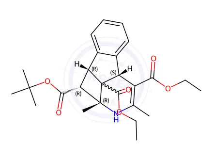 Chemical structure of 2-Azacyclobuta[jk]fluorene-1,4,8c(1H)-tricarboxylic acid, 1a,2,4a,8b-tetrahydro-1a,3-dimethyl-, 1-(1,1-dimethylethyl) 4,8c-diethyl ester, (1R,1aR,4aR,8bR,8cS)-rel
