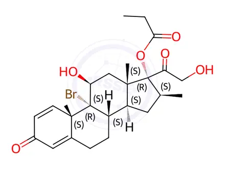 Chemical structure of Pregna-1,4-diene-3,20-dione, 9-bromo-11,21-dihydroxy-16-methyl-17-(1-oxopropoxy)-, (11β,16β)-(9CI)