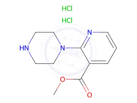 Chemical structure of 2-Piperazin-1-yl-nicotinic acid Methyl ester dihydrochloride, 98+% C11H17Cl2N3O2, MW: 294.18