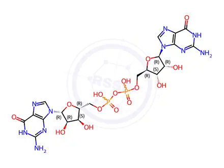 Chemical structure of [[(2R,3S,4R,5R)-5-(2-amino-6-oxo-3H-purin-9-yl)-3,4-dihydroxyoxolan-2-yl]methoxy-hydroxyphosphoryl] [(2R,3S,4R,5R)-5-(2-amino-6-oxo-3H-purin-9-yl)-3,4-dihydroxyoxolan-2-yl]methyl hydrogen phosphate
