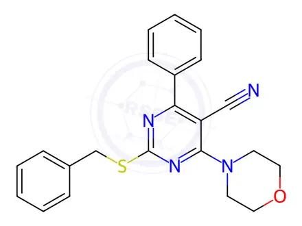 Chemical structure of 2-(benzylsulfanyl)-4-morpholino-6-phenyl-5-pyrimidinecarbonitrile