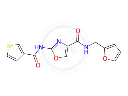 Chemical structure of N-(Furan-2-ylmethyl)-2-(thiophene-3-carboxamido)oxazole-4-carboxamide
