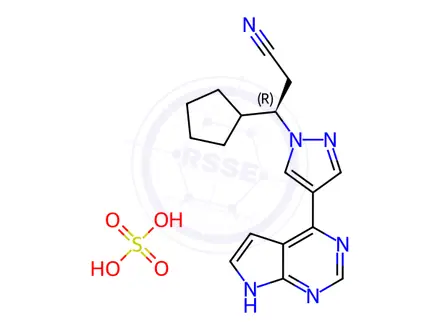 Chemical structure of (betaR)-beta-Cyclopentyl-4-(7H-pyrrolo[2,3-d]pyrimidin-4-yl)-1H-pyrazole-1-propanenitrile sulfate