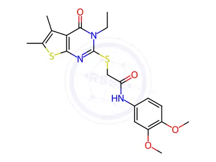 Chemical structure of N-(3,4-Dimethoxyphenyl)-2-((3-ethyl-5,6-dimethyl-4-oxo-3,4-dihydrothieno[2,3-d]pyrimidin-2-yl)thio)acetamide