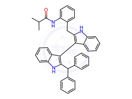 Chemical structure of N-(2-((2'-Benzhydryl-1H,1'H-[3,3'-biindol]-2-yl)methyl)phenyl)isobutyramide