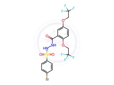 Chemical structure of N'-(2,5-bis(2,2,2-trifluoroethoxy)benzoyl)-4-bromobenzenesulfonohydrazide