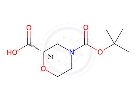 Chemical structure of (2S)-4-[(tert-butoxy)carbonyl]morpholine-2-carboxylic acid