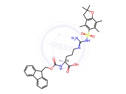 Chemical structure of L-Ornithine, N5-[[[(2,3-dihydro-2,2,4,6,7-pentamethyl-5-benzofuranyl)sulfonyl]amino]iminomethyl]-N2-[(9H-fluoren-9-ylmethoxy)carbonyl]-2-methyl-
