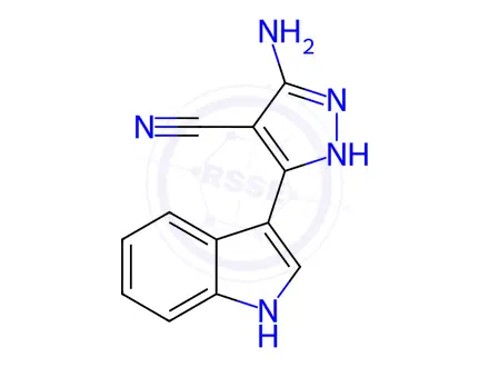 Chemical structure of 3-Amino-5-(3-indolyl)-4-pyrazolecarbonitrile