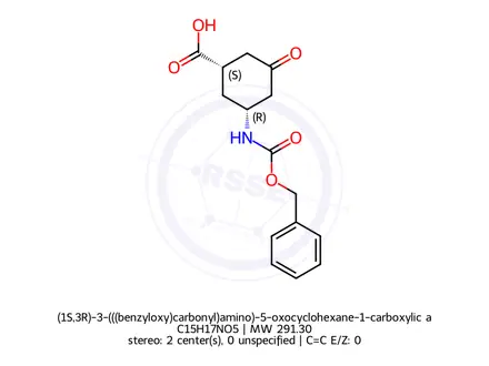 Chemical structure of (1S,3R)-3-(((benzyloxy)carbonyl)amino)-5-oxocyclohexane-1-carboxylic acid