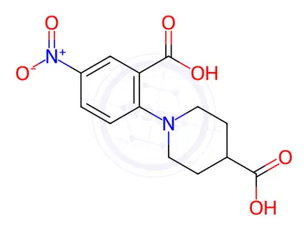Chemical structure of 1-(2-carboxy-4-nitrophenyl)-4-piperidinecarboxylic acid