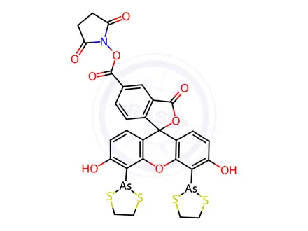 Chemical structure of Spiro[isobenzofuran-1(3H),9'-[9H]xanthene]-5-carboxylic acid, 4',5'-di-1,3,2-dithiarsolan-2-yl-3',6'-dihydroxy-3-oxo-, 2,5-dioxo-1-pyrrolidinyl ester