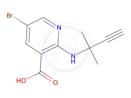Chemical structure of 5-Bromo-2-((2-methylbut-3-yn-2-yl)amino)nicotinic acid