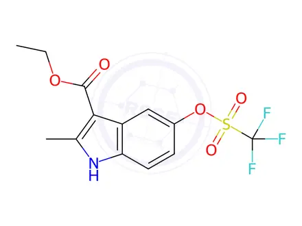 Chemical structure of Ethyl 2-methyl-5-(((trifluoromethyl)-sulfonyl)-oxy)-1H-indole-3-carboxylate