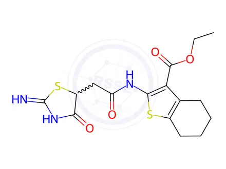Chemical structure of ethyl 2-(2-(2-imino-4-oxothiazolidin-5-yl)acetamido)-4,5,6,7-tetrahydrobenzo[b]thiophene-3-carboxylate