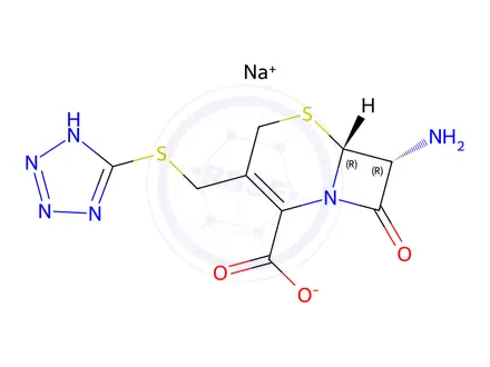 Chemical structure of sodium (6R,7R)-3-(((1H-tetrazol-5-yl)thio)methyl)-7-amino-8-oxo-5-thia-1-azabicyclo[4.2.0]oct-2-ene-2-carboxylate