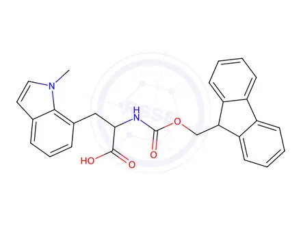 Chemical structure of 2-((((9H-fluoren-9-yl)methoxy)carbonyl)amino)-3-(1-methyl-1H-indol-7-yl)propanoic acid