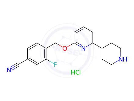 Chemical structure of Benzonitrile, 3-fluoro-4-[[[6-(4-piperidinyl)-2-pyridinyl]oxy]methyl]-, hydrochloride (1:1)