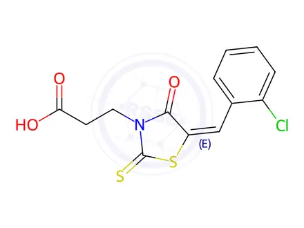 Chemical structure of (E)-3-(5-(2-chlorobenzylidene)-4-oxo-2-thioxothiazolidin-3-yl)propanoic acid