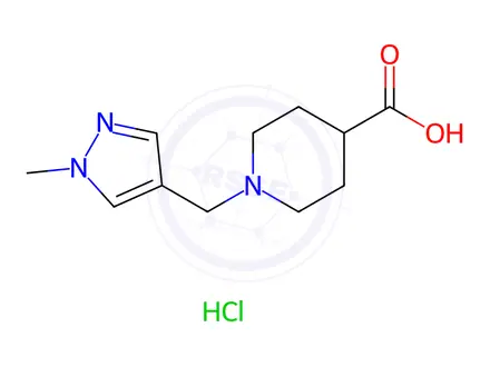 Chemical structure of 1-[(1-methyl-1H-pyrazol-4-yl)methyl]piperidine-4-carboxylic acid,HCl