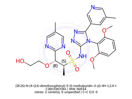 Chemical structure of (1R,2S)-N-(4-(2,6-dimethoxyphenyl)-5-(5-methylpyridin-3-yl)-4H-1,2,4-triazol-3-yl)-1-(2-hydroxyethoxy)-1-(5-methylpyrimidin-2-yl)propane-2-sulfonamide