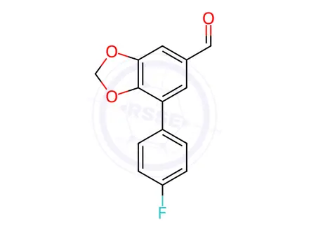 Chemical structure of 7-(4-fluorophenyl)-1,3-dioxaindane-5-carbaldehyd e