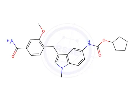 Chemical structure of Cyclopentyl (3-(4-carbamoyl-2-methoxybenzyl)-1-methyl-1H-indol-5-yl)carbamate