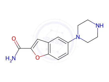 Chemical structure of 1-(2-Aminocarbonylbenzofuran-5-yl)piperazine