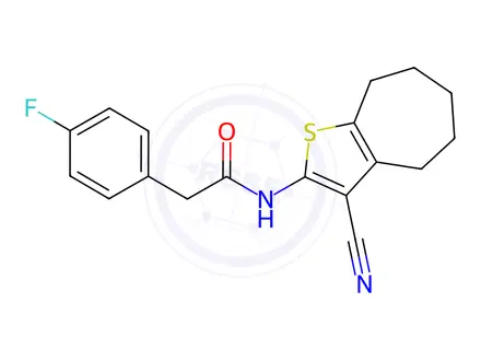Chemical structure of N-(3-Cyano-5,6,7,8-tetrahydro-4H-cyclohepta[b]thiophen-2-yl)-2-(4-fluorophenyl)acetamide