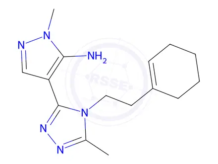 Chemical structure of 4-(4-(2-(Cyclohex-1-en-1-yl)ethyl)-5-methyl-4H-1,2,4-triazol-3-yl)-1-methyl-1H-pyrazol-5-amine