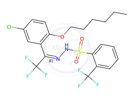 Chemical structure of (E)-N'-(1-(5-Chloro-2-(hexyloxy)phenyl)-2,2,2-trifluoroethylidene)-2-(trifluoromethyl)benzenesulfonohydrazide