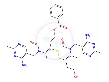 Chemical structure of 4-(N-((4-Amino-2-methylpyrimidin-5-yl)methyl)formamido)-3-((2-(N-((4-amino-2-methylpyrimidin-5-yl)methyl)formamido)-5-hydroxypent-2-en-3-yl)disulfaneyl)pent-3-en-1-yl benzoate